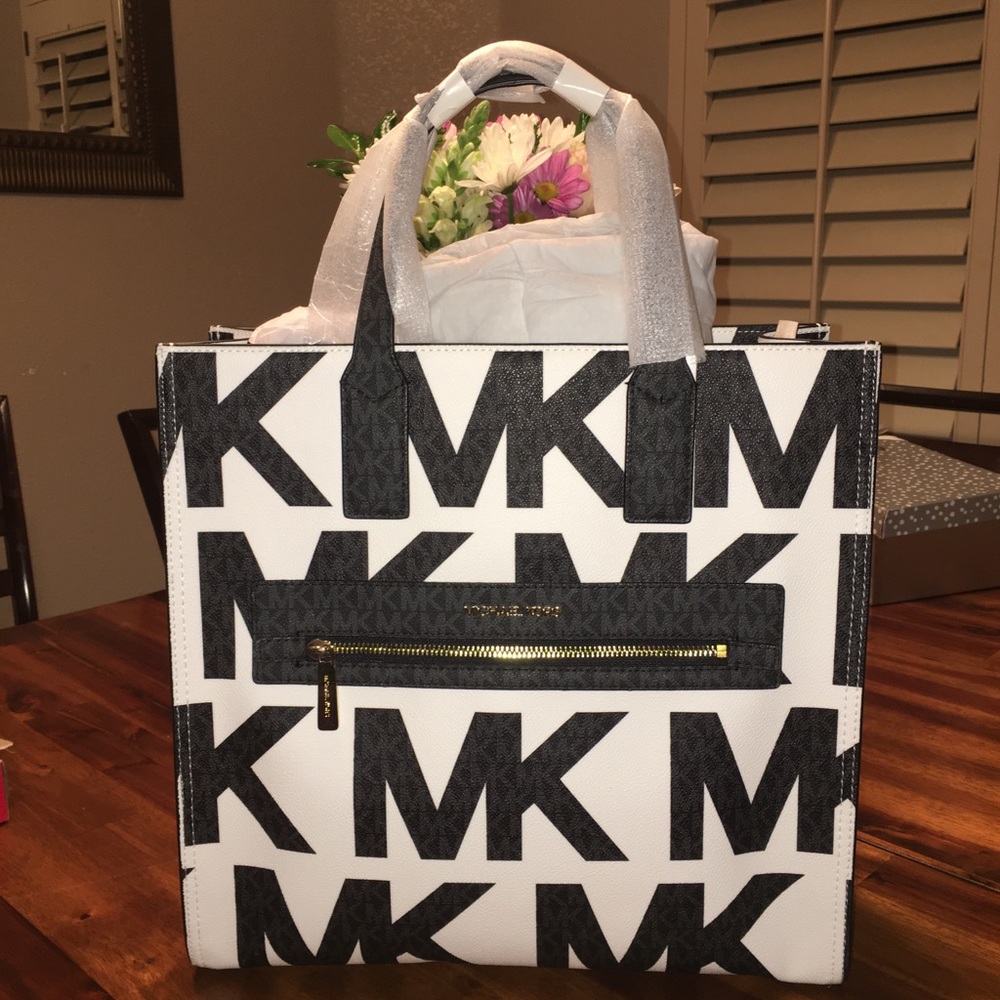 Michael Kors Kenly Large NS Tote Satchel Black MK Graphic Logo Optic White Multi